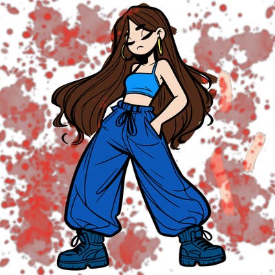 girl in baggy pants crop top and long hair