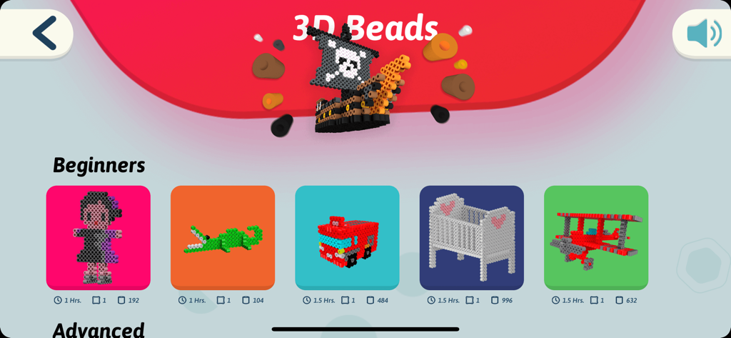 Menu of 3D pixel art bead designs for beginners in the smART pixelator app including a doll crocodile and fire truck