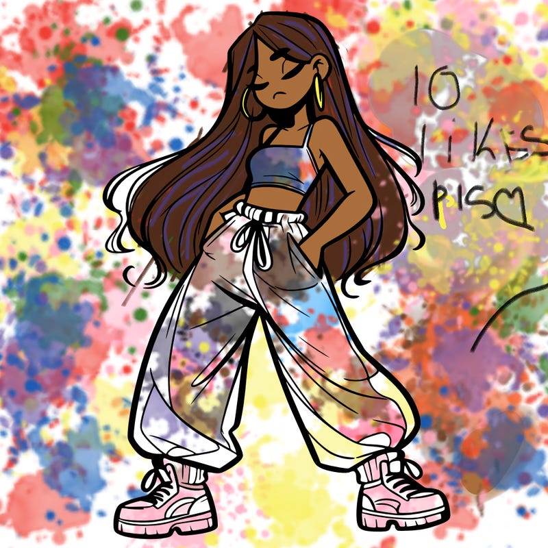 girl in baggy pants crop top and long hair