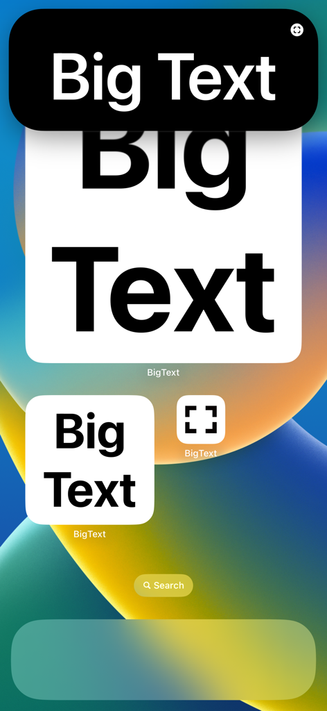 Pantalla de inicio del iPhone que muestra varios widgets de Texto Grande y la pantalla de Dynamic Island