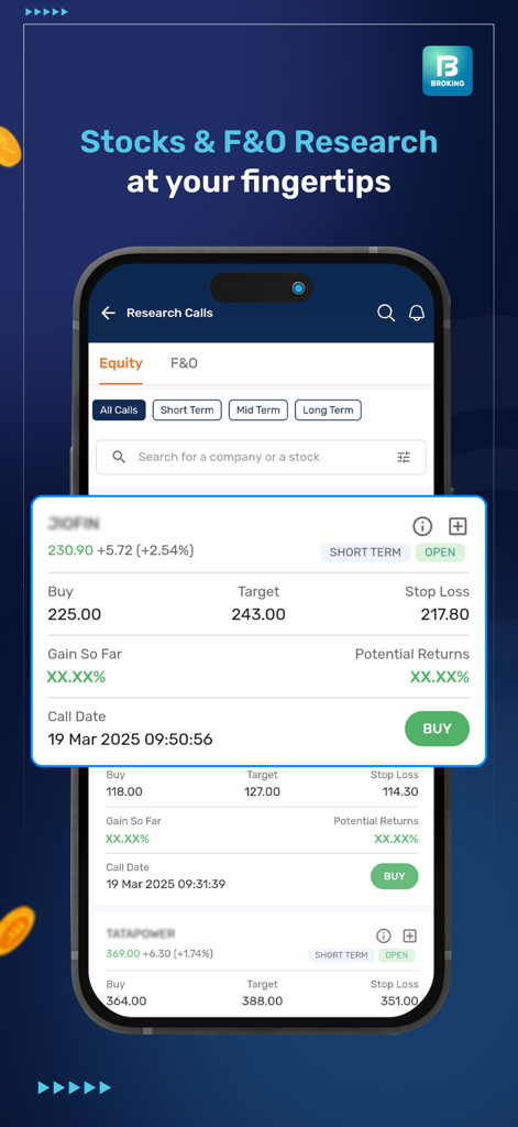 Bajaj Broking app screen showing stock research calls with buy and target prices