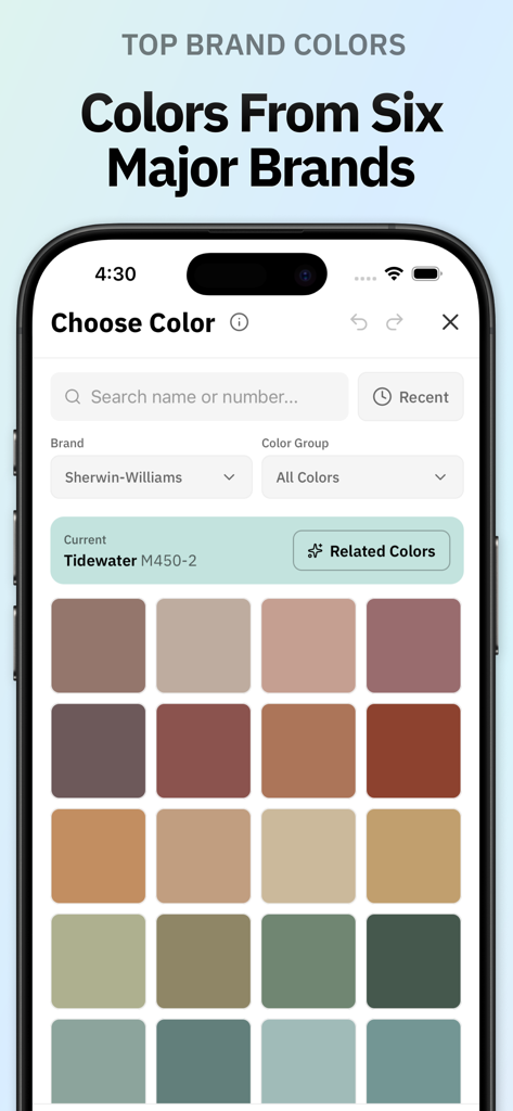 A mobile interface of the Repaint app showing a grid of brand-name paint swatches