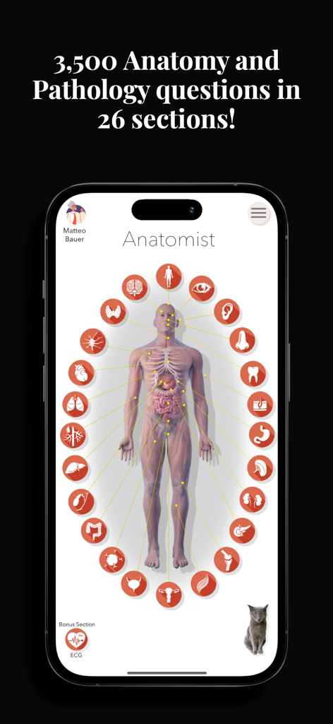 Anatomist – The Anatomy Game - Anatomist app interface featuring a human body model with clickable icons for different anatomy study sections
