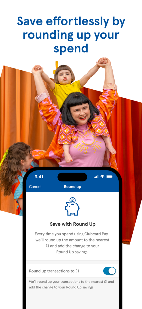 Tesco Bank mobile app screen showing the round up savings feature for Clubcard Pay plus accounts