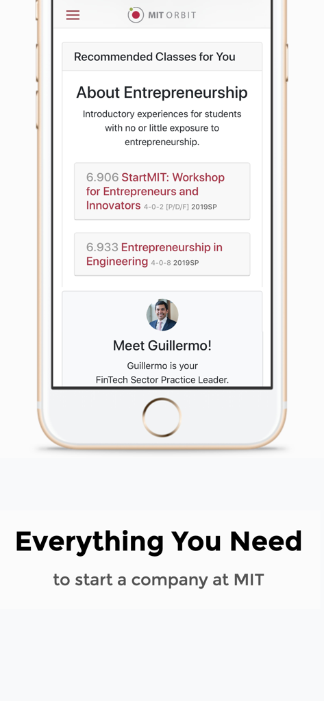 MIT Orbit app screen showing recommended entrepreneurship classes and a mentor profile