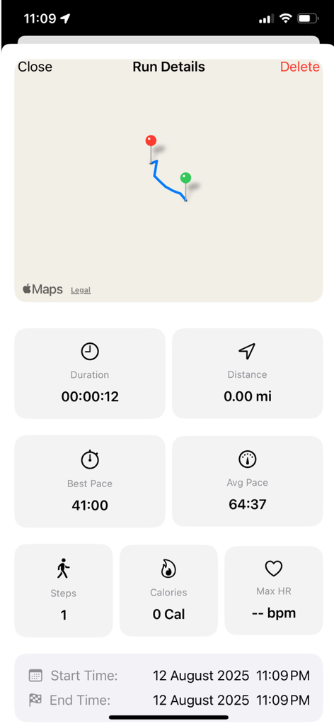 Running app - Running Tracker - A detailed workout summary in the Runner Logger app showing a map route and statistics like duration distance and pace