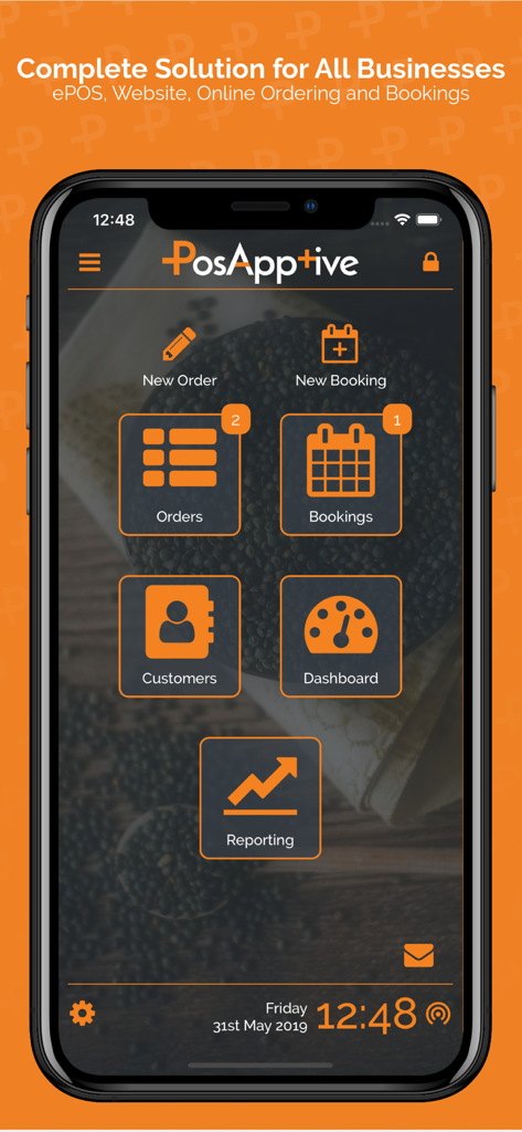 The main dashboard of the PosApptive POS mobile app on a smartphone showing icons for orders bookings and business reporting