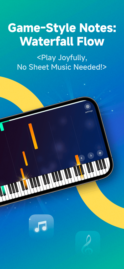 La interfaz de la aplicación KeyTap muestra notas de cascada estilo juego sobre un teclado de piano virtual