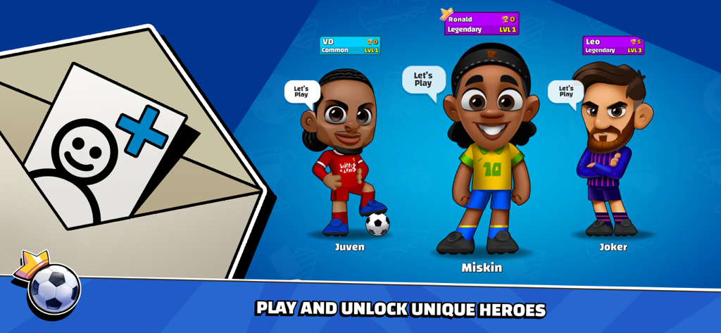Super Soccer - 3V3 - Three cartoon soccer characters on a blue background with text explaining how to play and unlock unique heroes