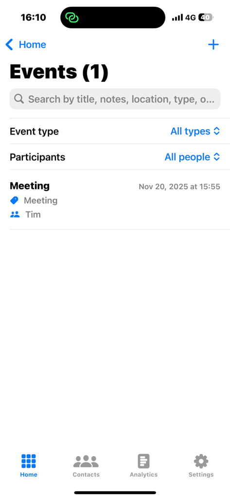 Haven Link App Ereignisse-Bildschirm, der ein Besprechungsprotokoll mit Filtern für Ereignistyp und Teilnehmer anzeigt