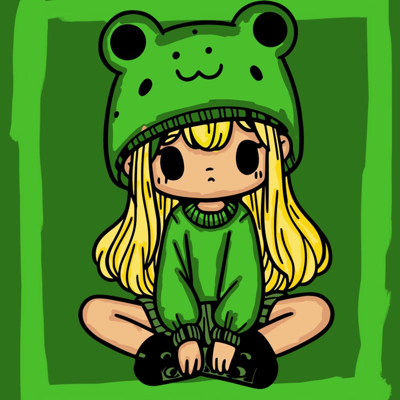 a girl wearing a frog hat and some frog socks