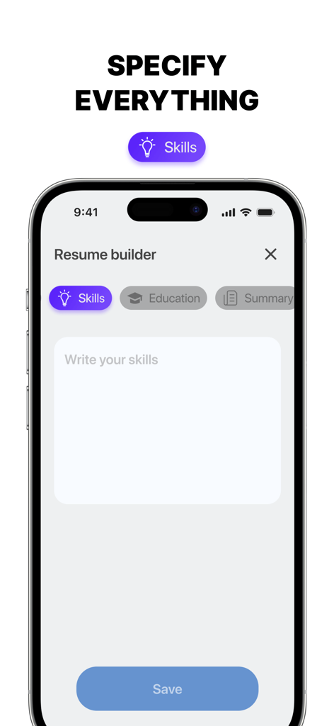 Resume Builder, CV Job App - Interfaz para ingresar habilidades profesionales en la aplicación Creador de CV con categorías para educación y resumen