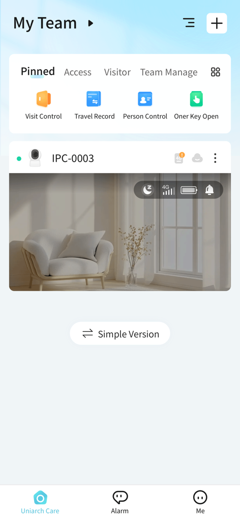 Interface de l'application Uniarch Care présentant un flux de caméra en direct et des contrôles de gestion de propriété.