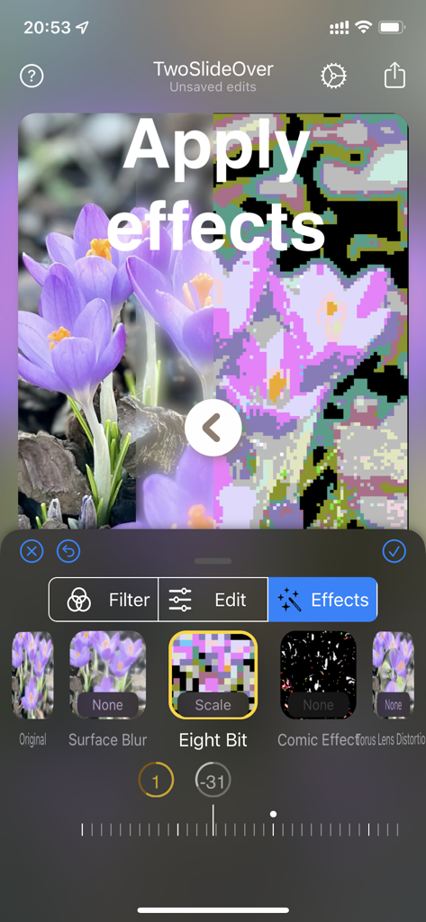 TwoSlideOver app interface comparing an original flower photo to a pixelated Eight Bit effect using a side by side slider