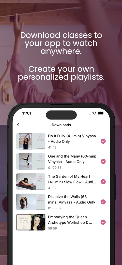 Practice with Clara - Mobile screen of Practice with Clara app displaying downloaded yoga classes and personalized playlists.