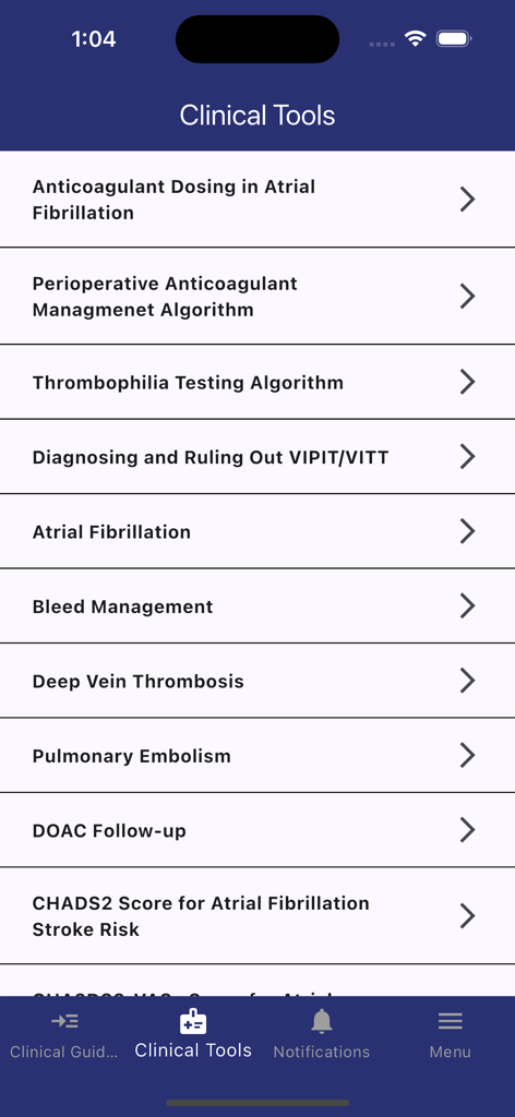 Das Menü der klinischen Werkzeuge der Thrombosis Canada App mit medizinischen Algorithmen für die Dosierung von Antikoagulanzien und das Management von Thrombosen