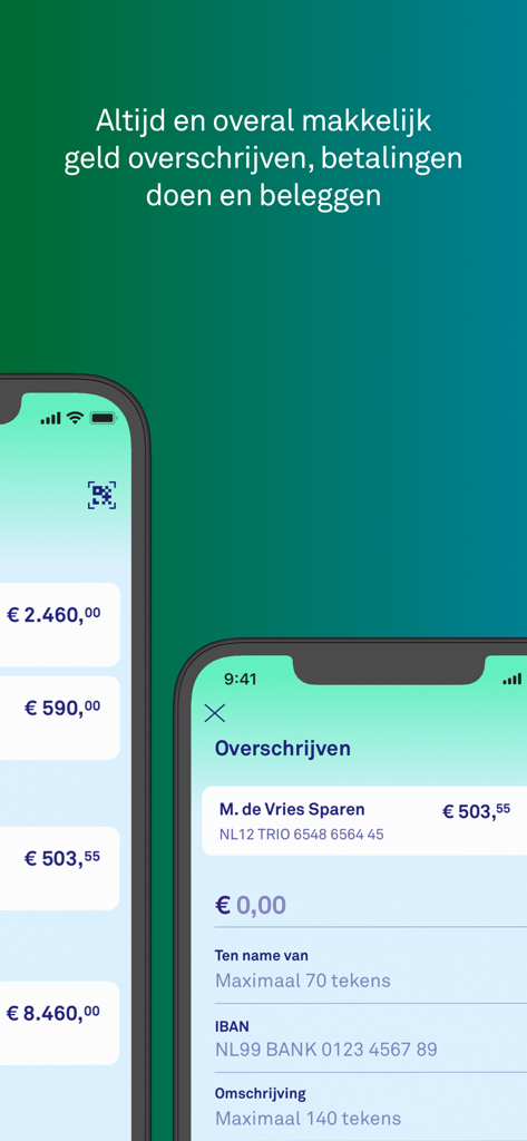 Triodos Bankieren NL - Triodos Bank mobile banking app interface showing account overview and money transfer features