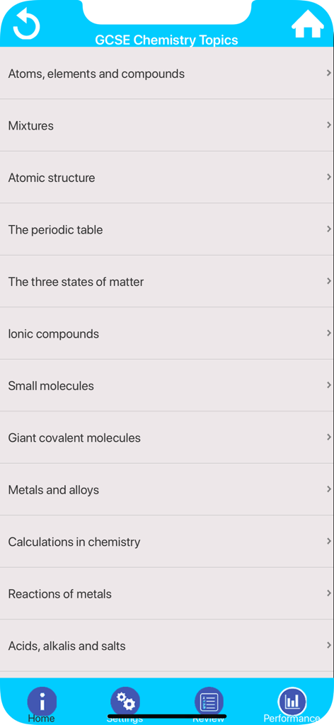 Mobile app screen showing a comprehensive list of chemistry study topics like atoms and the periodic table.
