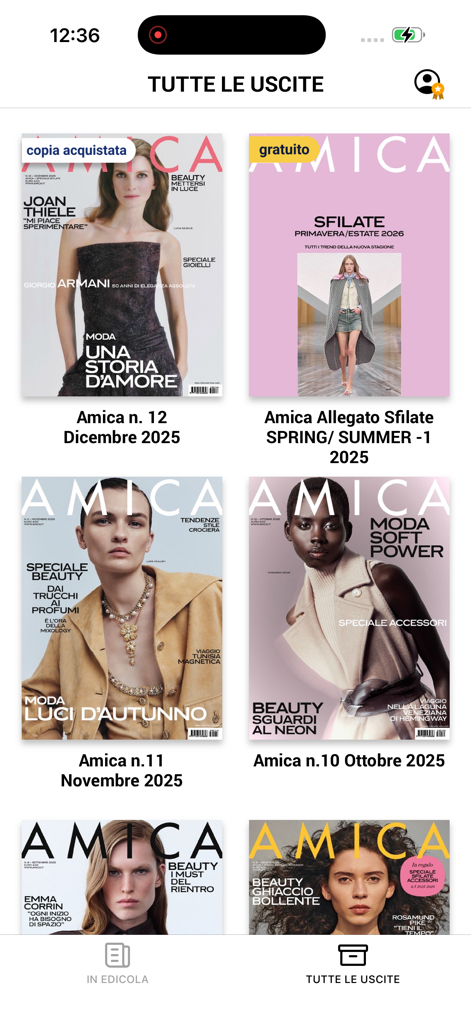 Amica Digital Edition - Grid display of various Amica magazine digital covers within the app issue library.