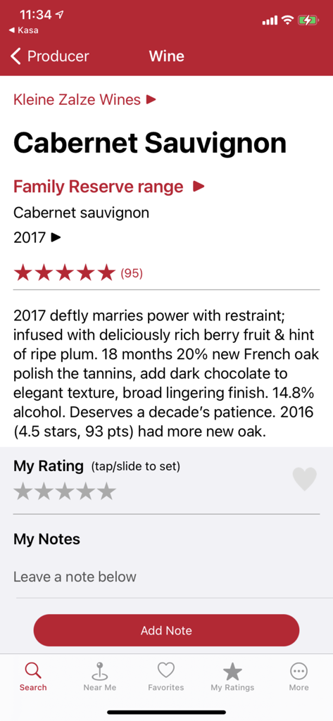Detailed professional review and five star rating for a South African Cabernet Sauvignon in the Platters Wine Guide app