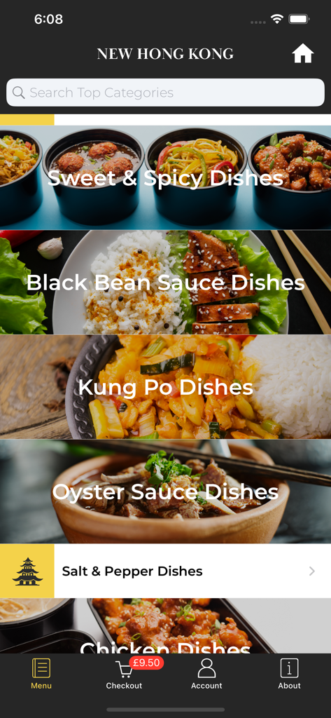 New Hong Kong Montrose Chinese food menu screen showing various dish categories with images