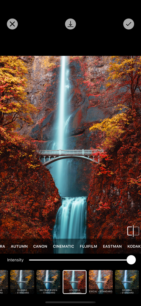 Photo Filters + - Photo Filters Plus app interface applying a cinematic filter to a waterfall landscape