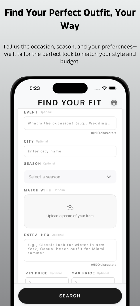 Ufit.AI - Uma interface de aplicativo móvel para Ufit.AI mostrando um formulário de busca de looks com opções para evento, local, estação e faixa de preço.