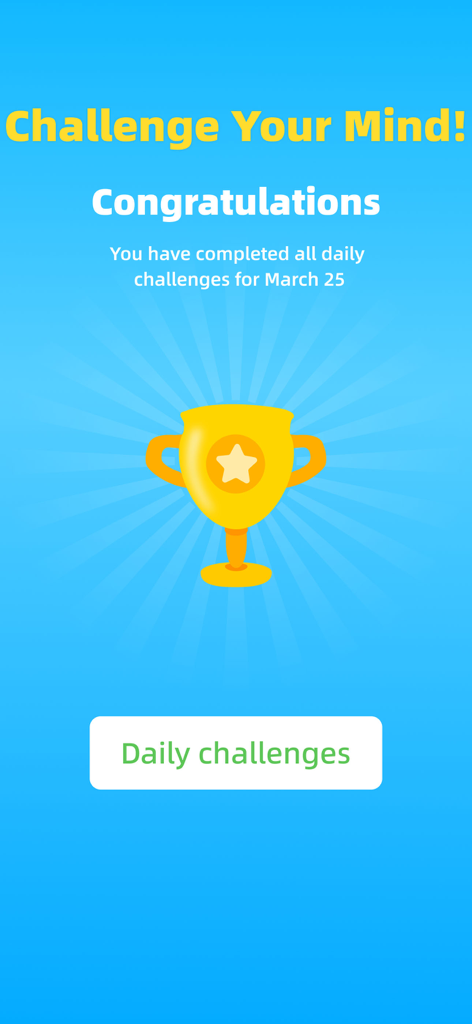 Number Match X - A congratulations screen in Number Match X showing a gold trophy for completing daily challenges.
