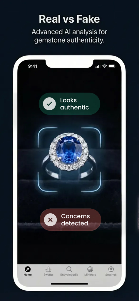 RockIn Rock & Mineral identify - La interfaz de la aplicación RockIn utilizando análisis de IA para verificar si un anillo de gema es real o falso