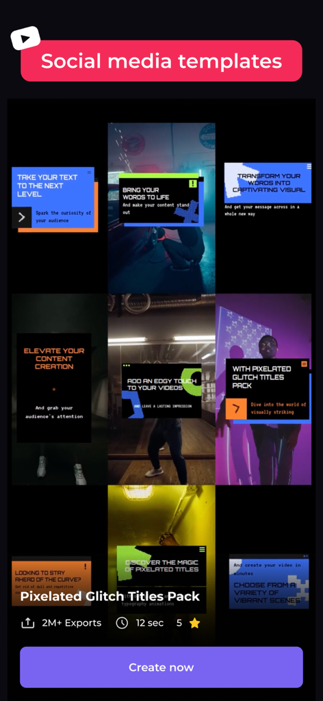 Uma coleção de modelos de vídeo para mídias sociais do Pixelated Glitch Titles Pack no aplicativo Renderforest.