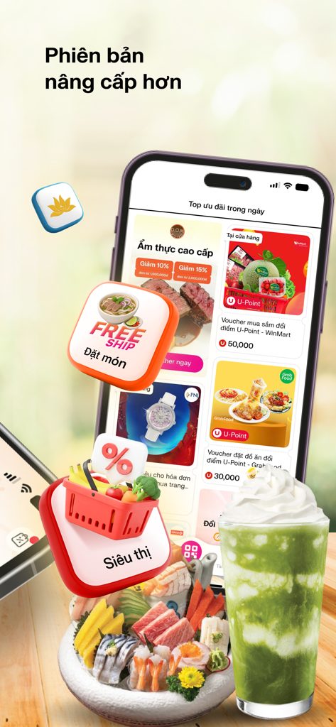 OneU app interface showing food delivery, shopping vouchers, and supermarket rewards icons next to images of sushi and a matcha latte