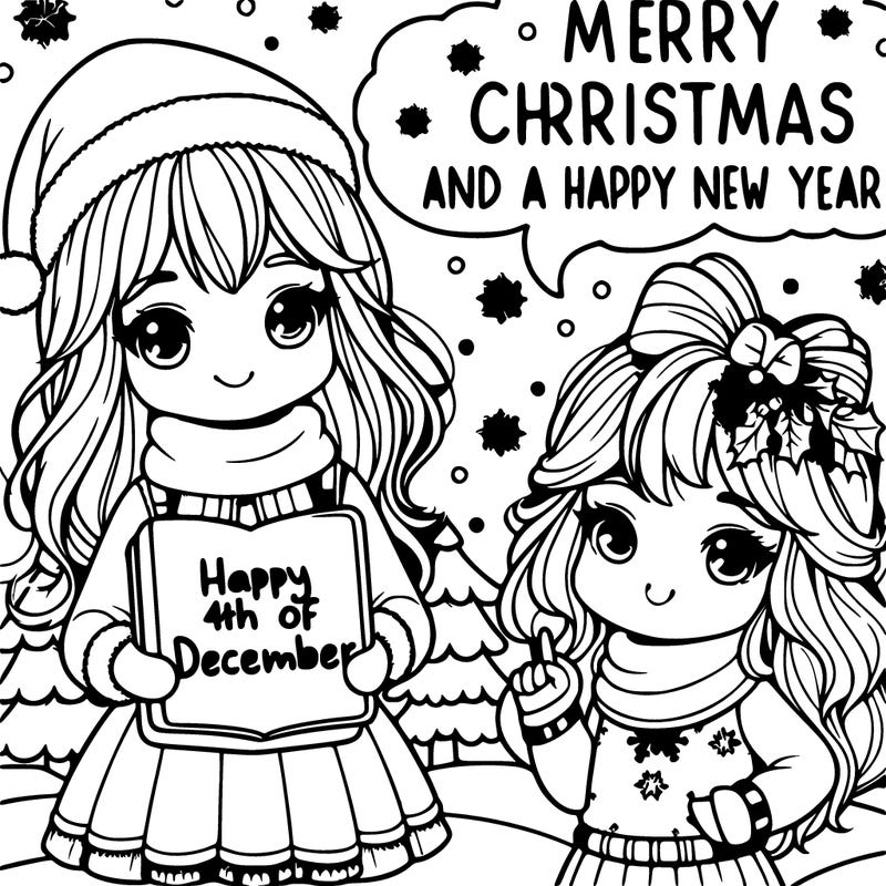 girl holding a notebook saying merry christmas and a happy new year with sow behind the girl and another girl saying 4 of december