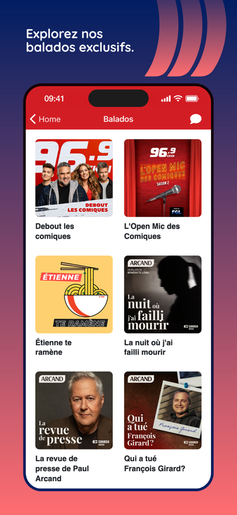 Cogeco Média - Interface of the Cogeco Media mobile app displaying a selection of exclusive French-language podcasts