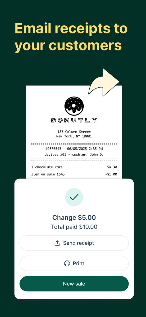 Tunder POS 앱의 디지털 영수증 인터페이스는 이메일로 보내거나 인쇄하는 옵션을 보여줍니다.