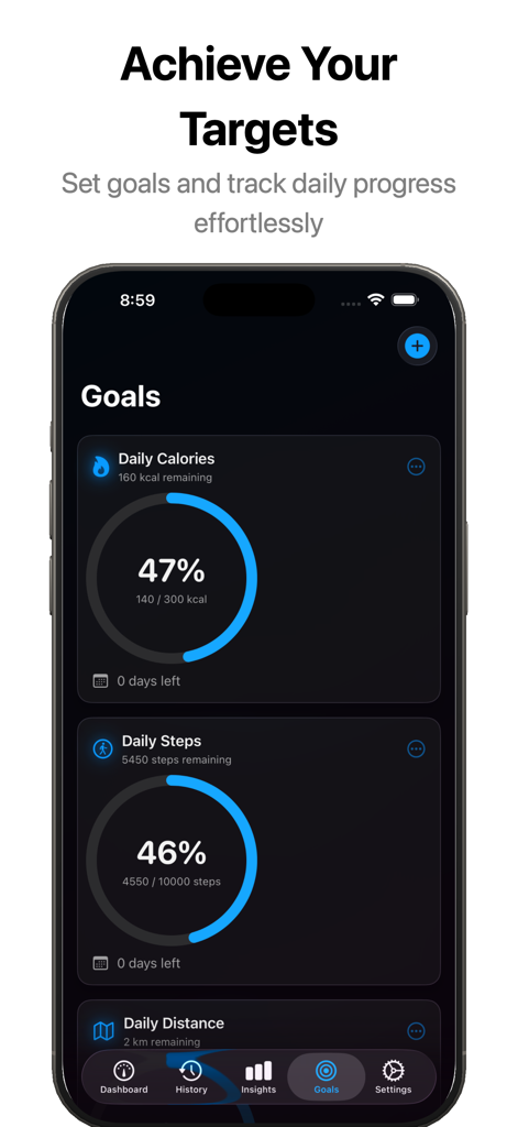 wPad app goals screen showing daily steps and calories progress rings on iPhone