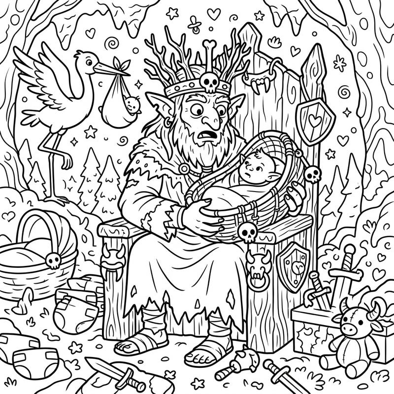 Dive into a hilariously unexpected celebration with our Goblin King Baby Shower coloring page. This unique fantasy scene combines rugged royalty with adorable nursery chaos, perfect for a whimsical coloring session.