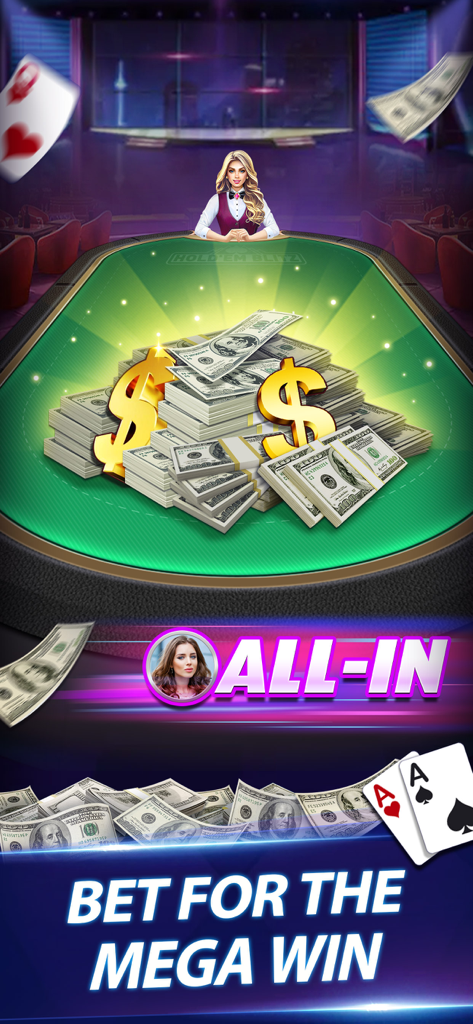 Texas Cash - Win Real Money - A poker table covered in stacks of cash with a dealer and text that reads bet for the mega win