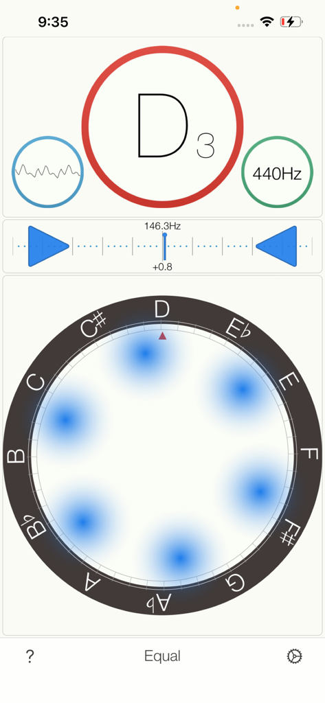 Touch Tuner - Interface do aplicativo Touch Tuner mostrando um dial estroboscópico de afinação e detecção precisa de afinação para a nota Ré3
