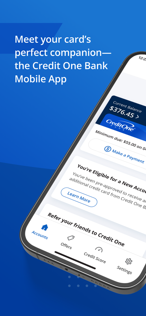 Credit One Bank Mobile - スマートフォンの画面に現在の口座残高、クレジットカードの詳細、支払いオプションが表示されているCredit One Bankモバイルアプリのインターフェース