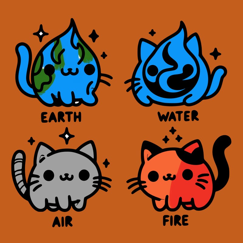 4 cats that represent the different elements, earth, water, air, and fire