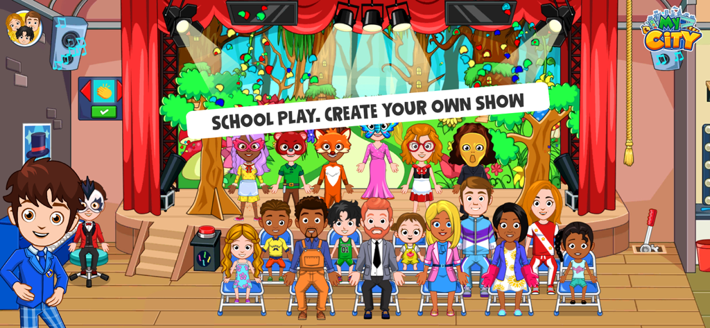 My City : High school - Des personnages de dessin animé en costumes jouent une pièce de théâtre scolaire sur scène avec un public dans l'application My City Lycée.