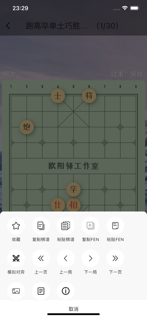 Mobile interface of Xiangqi Assistant showing a Chinese chess board and game record control options