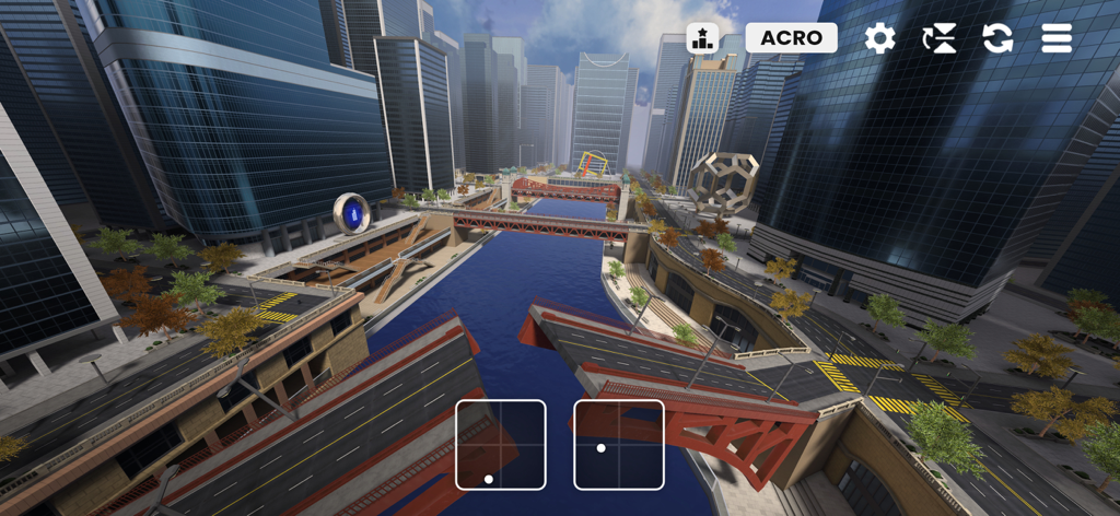 FeelFPV - Una simulación de vuelo de drones en primera persona sobre un río de la ciudad con rascacielos y controles en pantalla