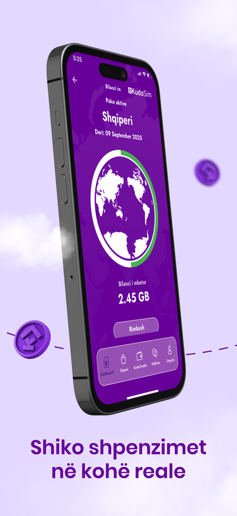 Kudo eSIM - Smartphone displaying Kudo eSIM app interface with data balance for Albania and real-time expense tracking