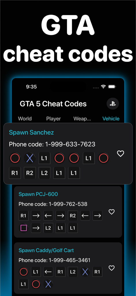 Cheat Codes for GTA Cheats Pro - GTA 5 cheat codes app screen showing vehicle spawn sequences for PlayStation and phone codes