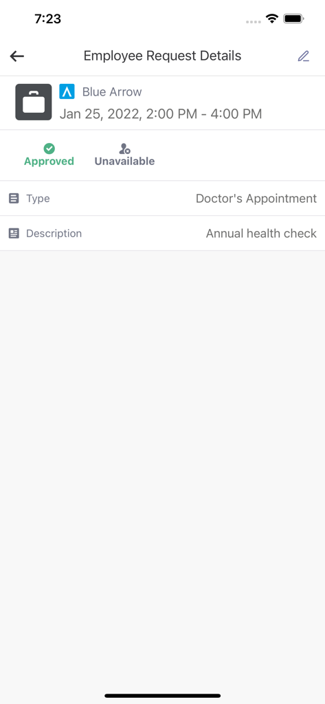 Solicitud de empleado aprobada para una cita médica en la aplicación Blue Arrow
