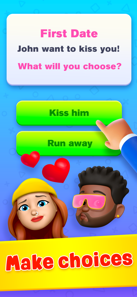 Captura de pantalla del juego Real Life Choices Simulator que muestra un escenario de citas con la opción de besar o huir