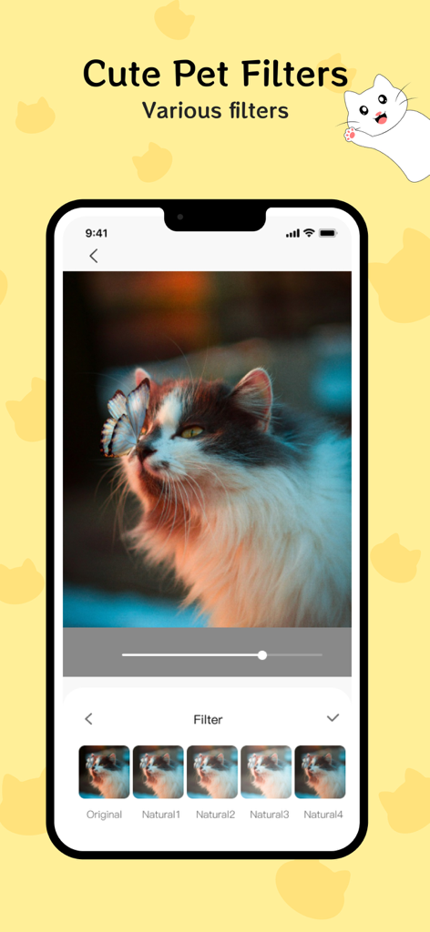 App interface showing cute pet filters applied to a photo of a cat with a butterfly on its nose