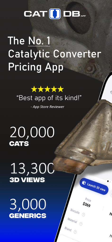 Promotional screen for Cat DB showing catalytic converter pricing and 3D view features