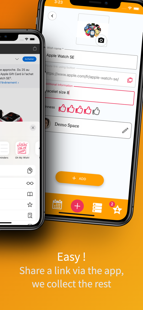 Dos pantallas móviles que muestran cómo añadir un regalo a una lista de Oh My Wish compartiendo un enlace de producto desde un navegador móvil.